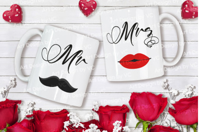 Love Valentine Couple Mugs Mock Up 5 - Roses on White Wood Design Back