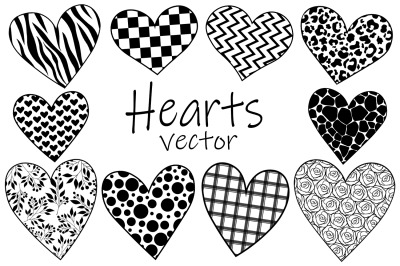 Hearts black and white Valentine&#039;s day vector. Hearts SVG.