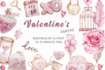 Valentines day Watercolor Clipart, Pink Valentines