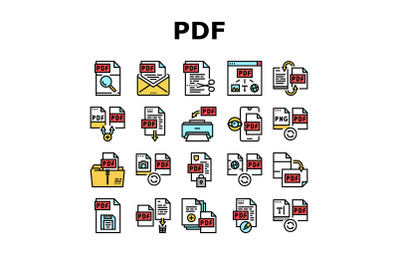 Pdf Electronic File Collection Icons Set Vector