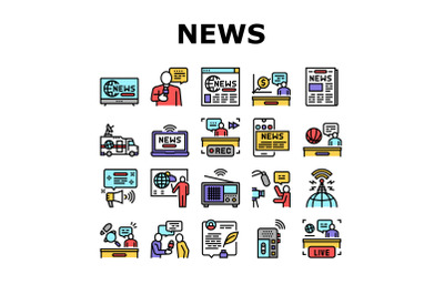 News Broadcasting Collection Icons Set Vector