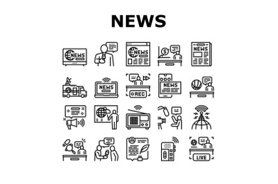 News Broadcasting Collection Icons Set Vector