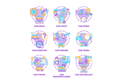 Car Transport Set Icons Vector Color Illustrations