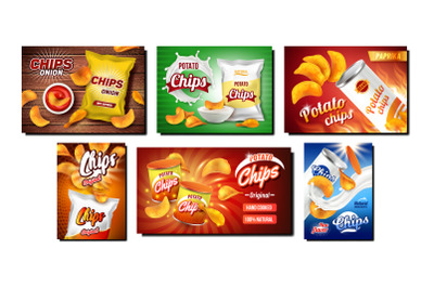 Chips Snack Creative Promo Posters Set Vector