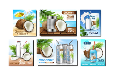 Coconut Drink Creative Promo Posters Set Vector