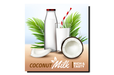 Coconut Milk Natural Drink Promo Banner Vector