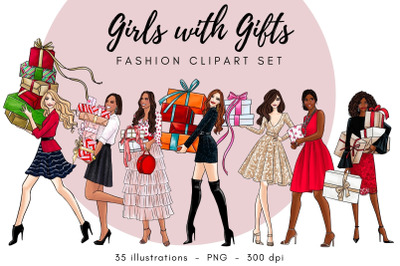Girls with gifts fashion clipart set