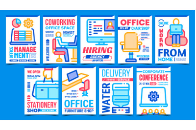 Office Working Process Promo Posters Set Vector