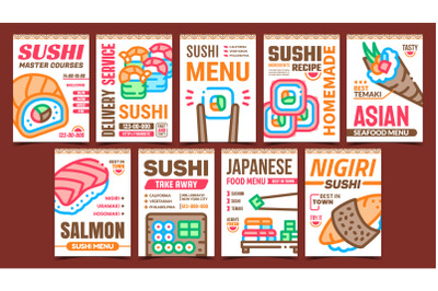 Sushi Roll Food Promotional Posters Set Vector