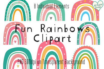Boho Rainbow Clipart, Bright &amp; Colorful, Cute Kids Clipart
