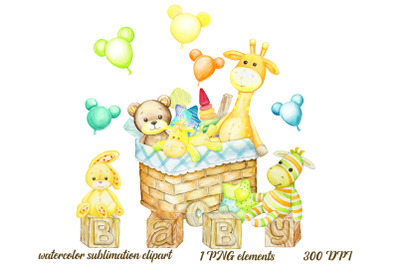 Watercolor Clipart, Wooden toys Digital, giraffe, teddy bear, bunny. B