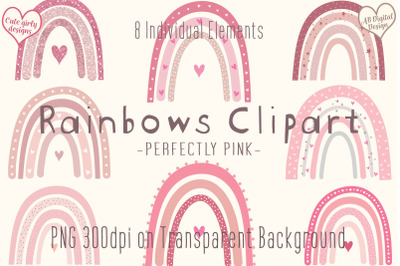 Boho Rainbow Clipart Pink, Baby Girl Nursery, Valentines Clipart PNG