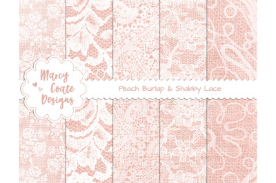 Peach Burlap &amp; Lace Digital Papers for scrapbooking &amp; card making