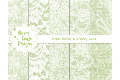 Green Burlap &amp; Lace Digital papers for scrapbooking &amp; card making