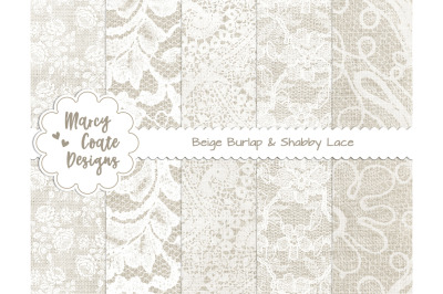 Beige Burlap &amp; Lace digital papers for scrapbooking &amp; card making