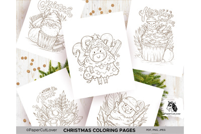 Christmas Coloring Pages Set of 5 , Printable coloring sheets JPEG