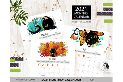 2021 Calendar Printable PDF, Monthly Planner with black cat