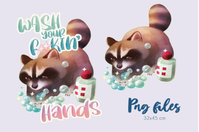 Raccoon clipart Wash your hands, digital png