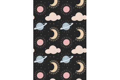 Cute vector pattern. The sun, moon, clouds. Print for packaging paper,