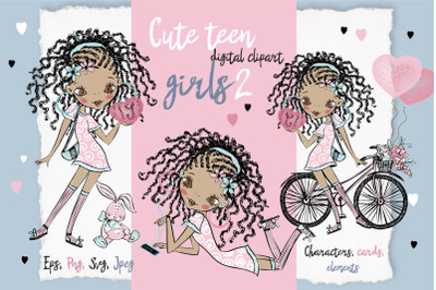 Cute Teen Girls 2, Digital Clipart, Fashion Girls, Valentine