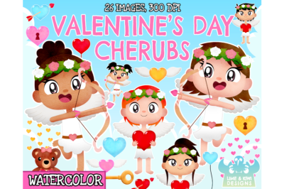 Valentine&#039;s Day Cherubs Watercolor Clipart (Lime and Kiwi Designs)