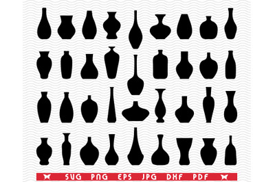 SVG Flower Vases, Black Silhouettes, Digital clipart