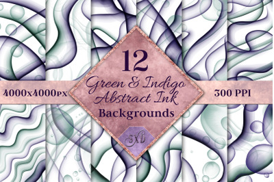 Green and Indigo Abstract Ink Backgrounds - 12 Images