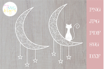 Moon mandala svg, dream catcher svg, cat moon svg