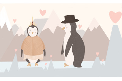 Children&#039;s illustration of cute penguins in love. The symbol of Valent