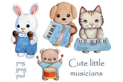 Cute little Musicians. Toy animals. Watercolor.