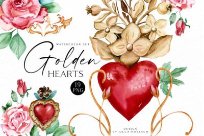 Watercolor jewelry clipart, Golden sacred heart clipart, Valentine png
