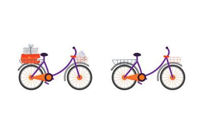 Courier bicycle flat color vector object set