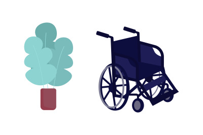 Wheelchair and plant flat color vector objects set