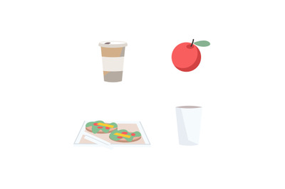 Snacks and drinks flat color vector objects set