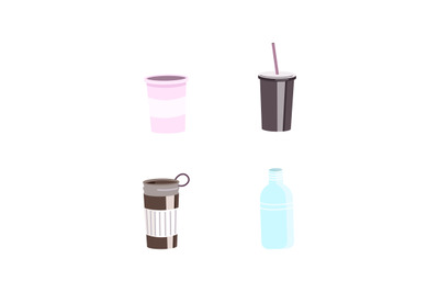 Reusable cups and bottles flat color vector objects set