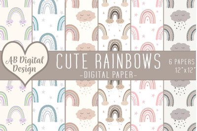 Boho Rainbow Digital Paper Background, Baby Shower, Cute Rainbows