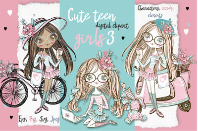 Cute Teen Girls 3, Digital Clipart, Fashion Girls, Valentine&#039;s Day