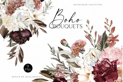 Boho burgundy bouquets clipart, Watercolor blush and burgundy wedding