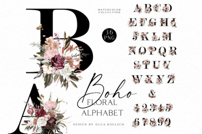 Boho burgundy wedding alphabet clipart, Watercolor blush and burgundy