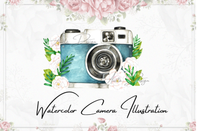 Camera with watercolor flowers clipart, Gift to photographer