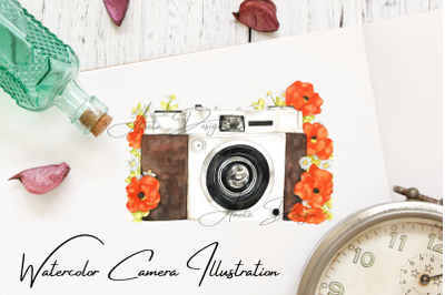 Camera with watercolor poppy flowers clipart