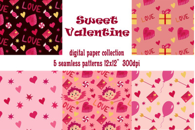 Valentine&#039;s day digital paper collection. 5 seamless love patterns.