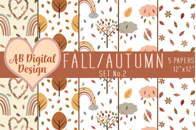 Fall Digital Paper Background, Autumn Trees, Leaves, Rainbow