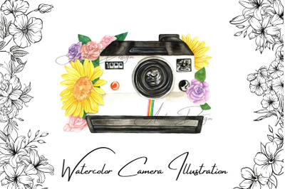 Retro camera with watercolor flowers clipart, Photography logo