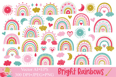 Bright Rainbows clipart / Cute colorful rainbow graphics