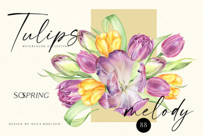 Watercolor tulips, Spring floral clipart pink flowers easter
