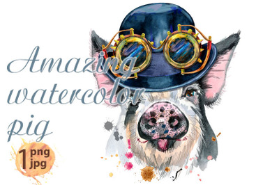 Watercolor portrait of pig with hat bowler and steampunk glasses