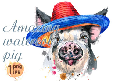 Cute piggy in mexican hat. Pig for T-shirt graphics