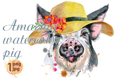 Cute piggy in summer hat. Pig for T-shirt graphics.