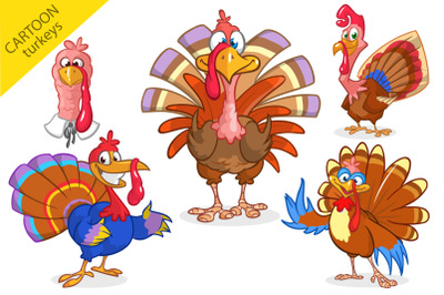Cute Turkey Cartoon Characters. Vector collection Set